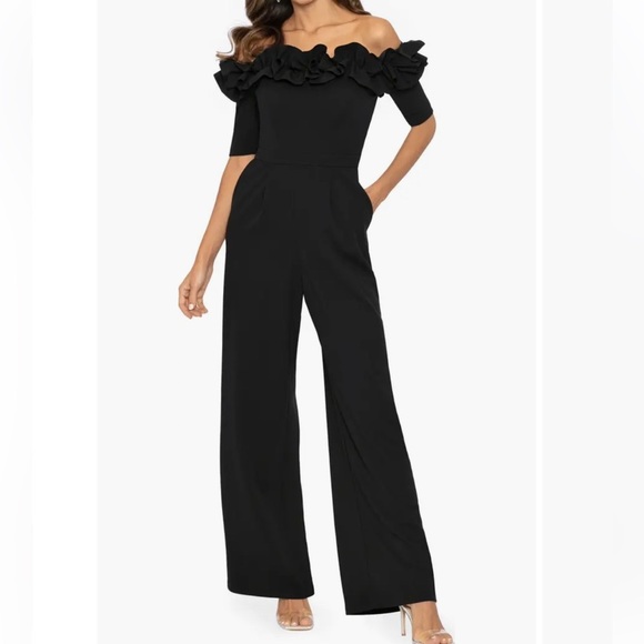 Xscape Black Jumpsuit Modern Off the Shoulder Ruched Ruffle Scuba Crepe Jumpsuit - Picture 1 of 11